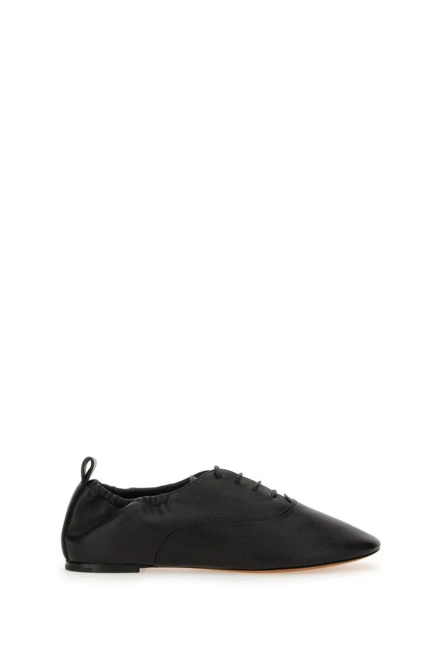 Lanvin women’s black satin lace up slipper with sleek pointed toe and elasticized back slip-on loafer design