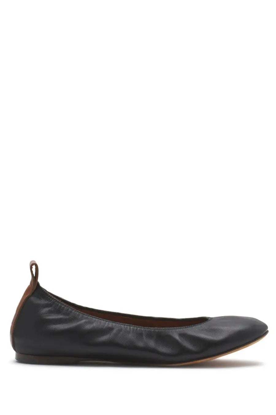 Lanvin women’s black leather ballerina flat with subtle sheen and contrasting brown lining for elegant wear