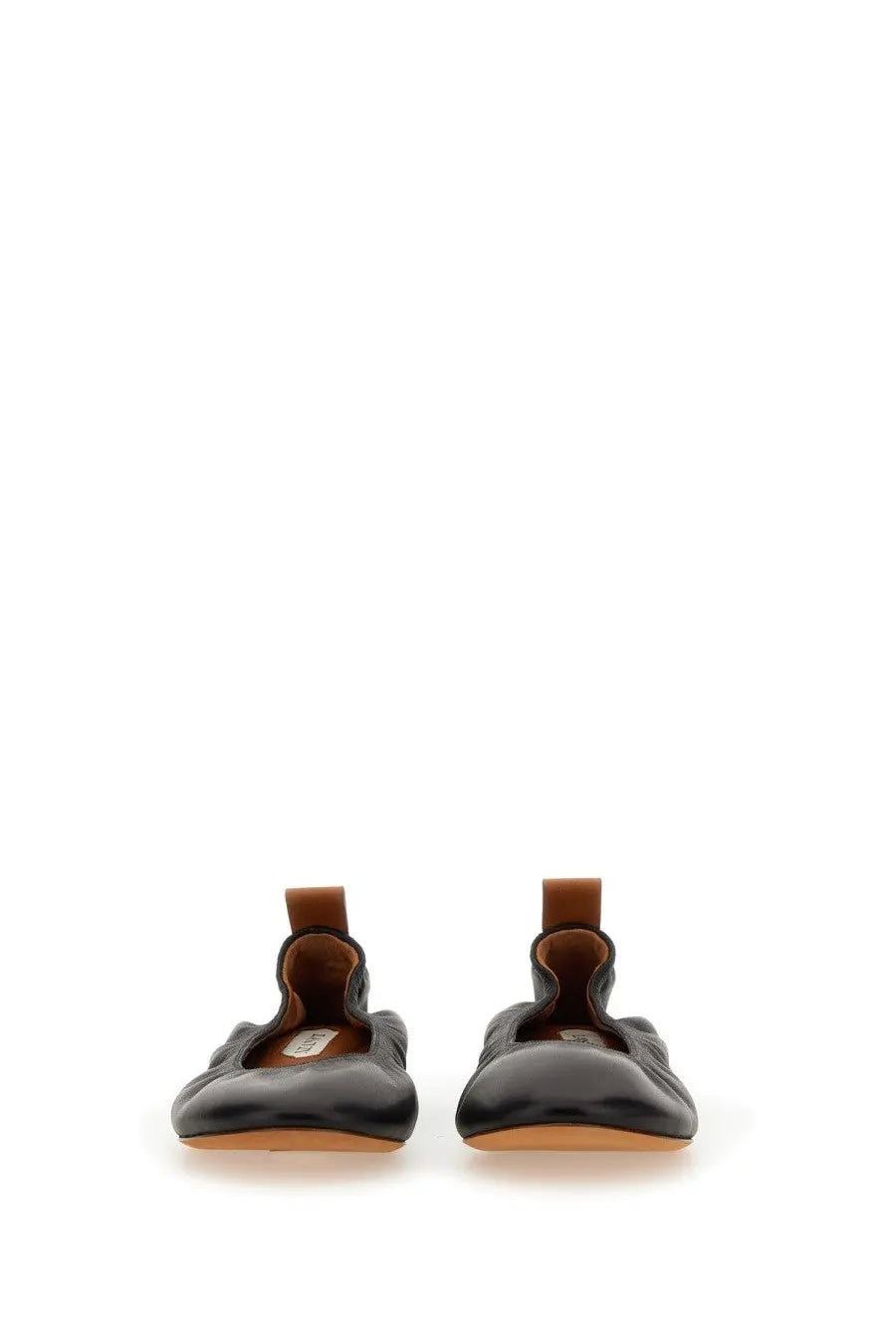 Lanvin women’s black leather ballerina flats with brown insole and pull tabs shown from the back side