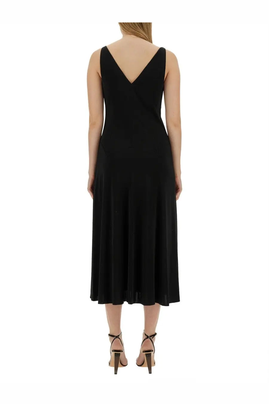 Black sleeveless midi dress by LANVIN with a deep v-back and flowing skirt, ideal for elegant occasions, shown from back side