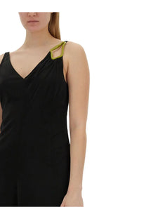 Lanvin women’s black midi dress with lime green geometric strap detail on sleeveless shoulder design