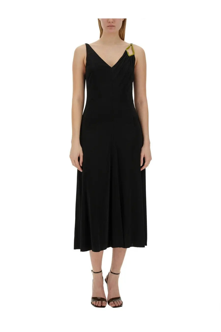 Lanvin women’s black sleeveless midi dress with v-neckline and gold-tone shoulder strap accent