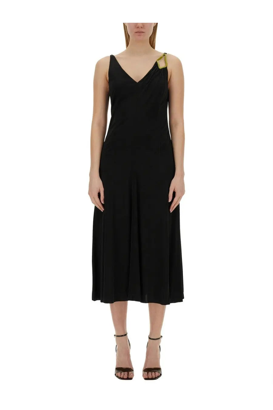 Lanvin women’s black sleeveless midi dress with v-neckline pleated hem and gold-tone shoulder strap detail