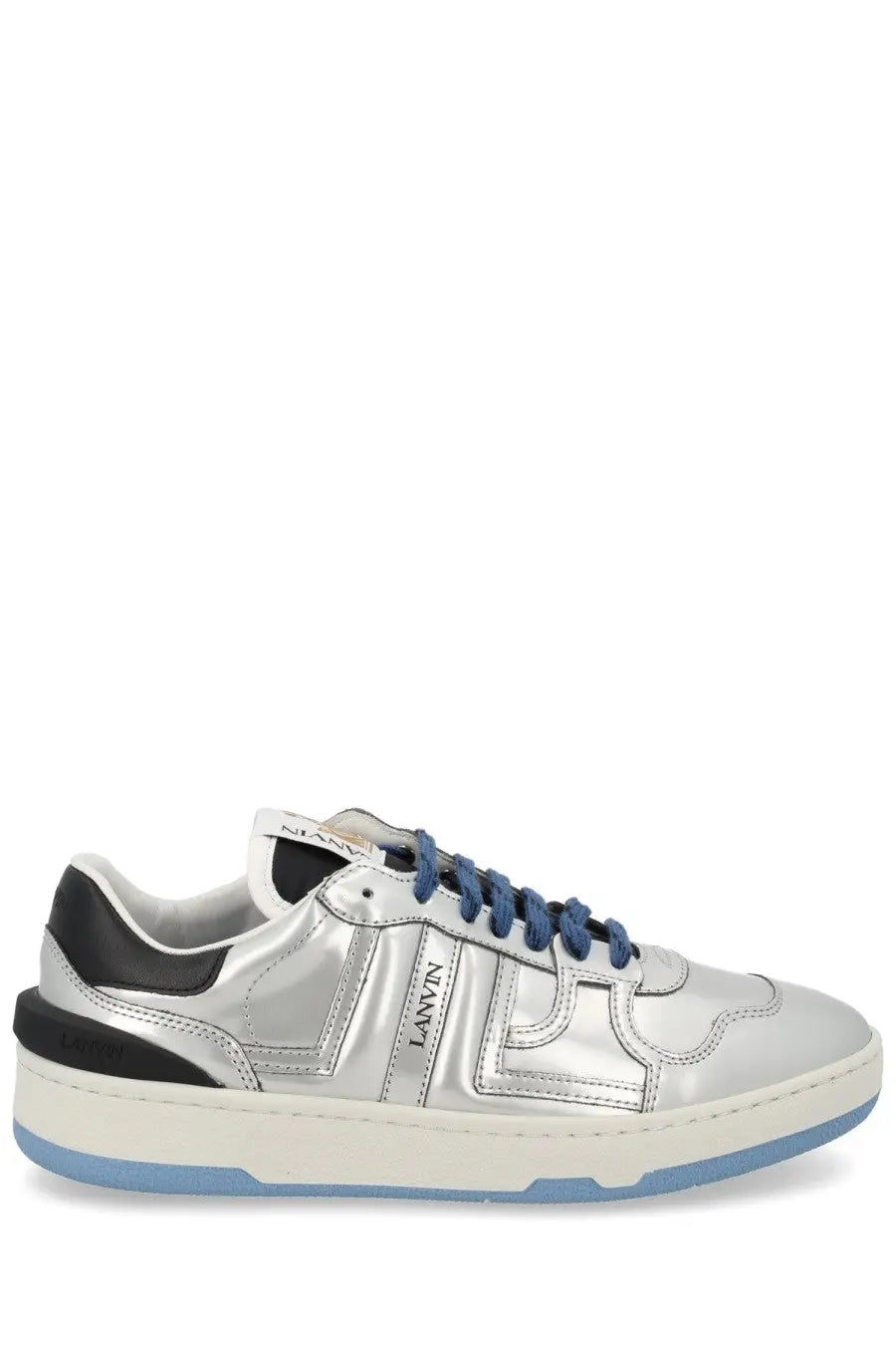 Lanvin women’s sneaker clay silver metallic leather with black and blue accents in a stylish design