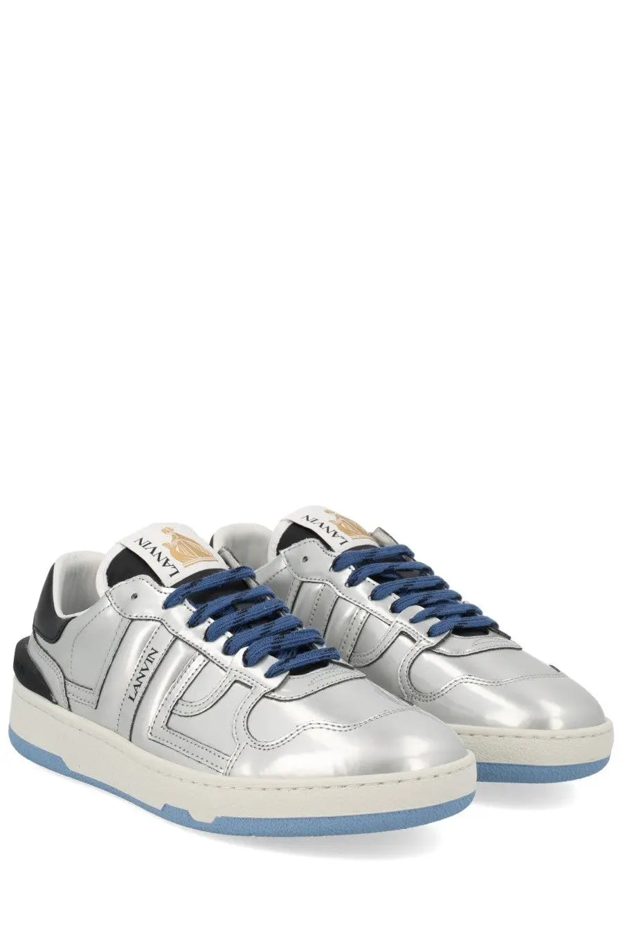 Lanvin women’s sneaker clay silver in silver metallic leather with navy blue laces and light blue rubber sole