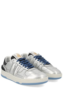 Lanvin women’s sneaker clay silver in silver metallic leather with navy blue laces and light blue rubber sole