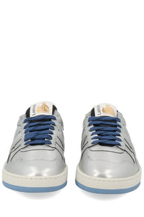 Lanvin women’s sneaker clay silver featuring silver metallic leather, navy blue laces, white rubber sole, and logo tongue