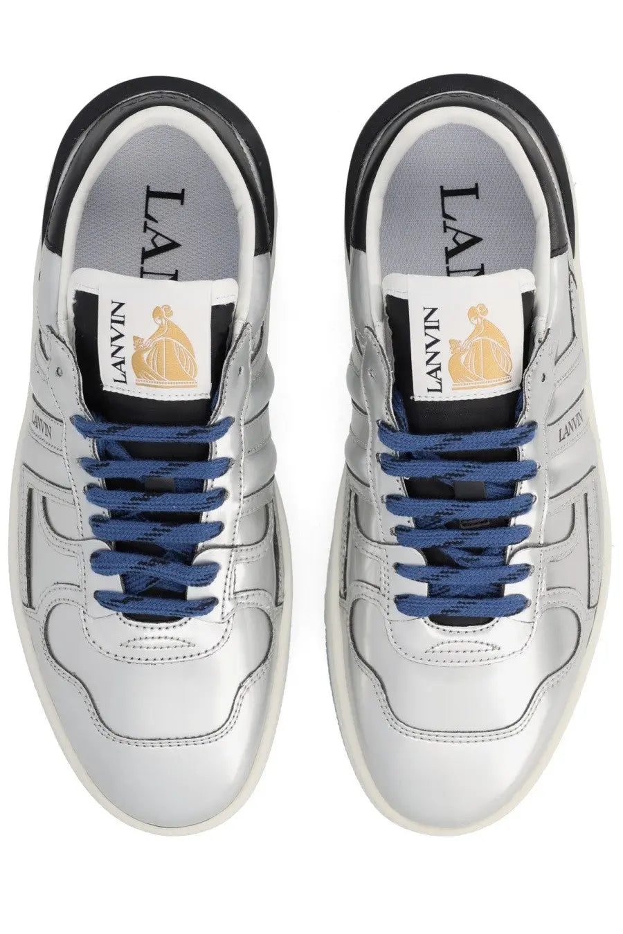 Lanvin women’s sneaker clay silver white leather sneakers with navy blue laces black accents and gold logo on tongue