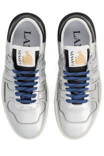 Lanvin women’s sneaker clay silver white leather sneakers with navy blue laces black accents and gold logo on tongue