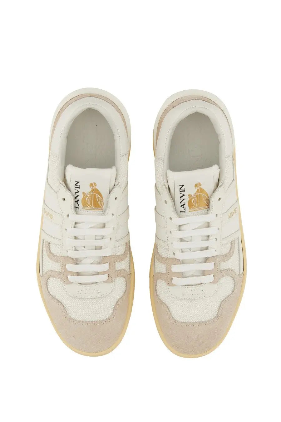 Lanvin women’s sneaker clay white in white and beige with gold logo detailing on leather upper