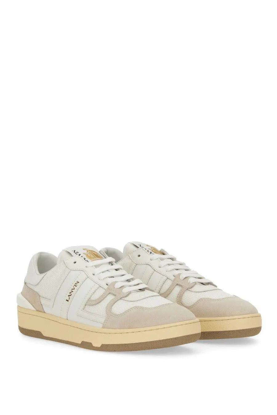 Lanvin women’s sneaker clay white in white and beige with suede and leather upper featuring gold-tone branding on tongue