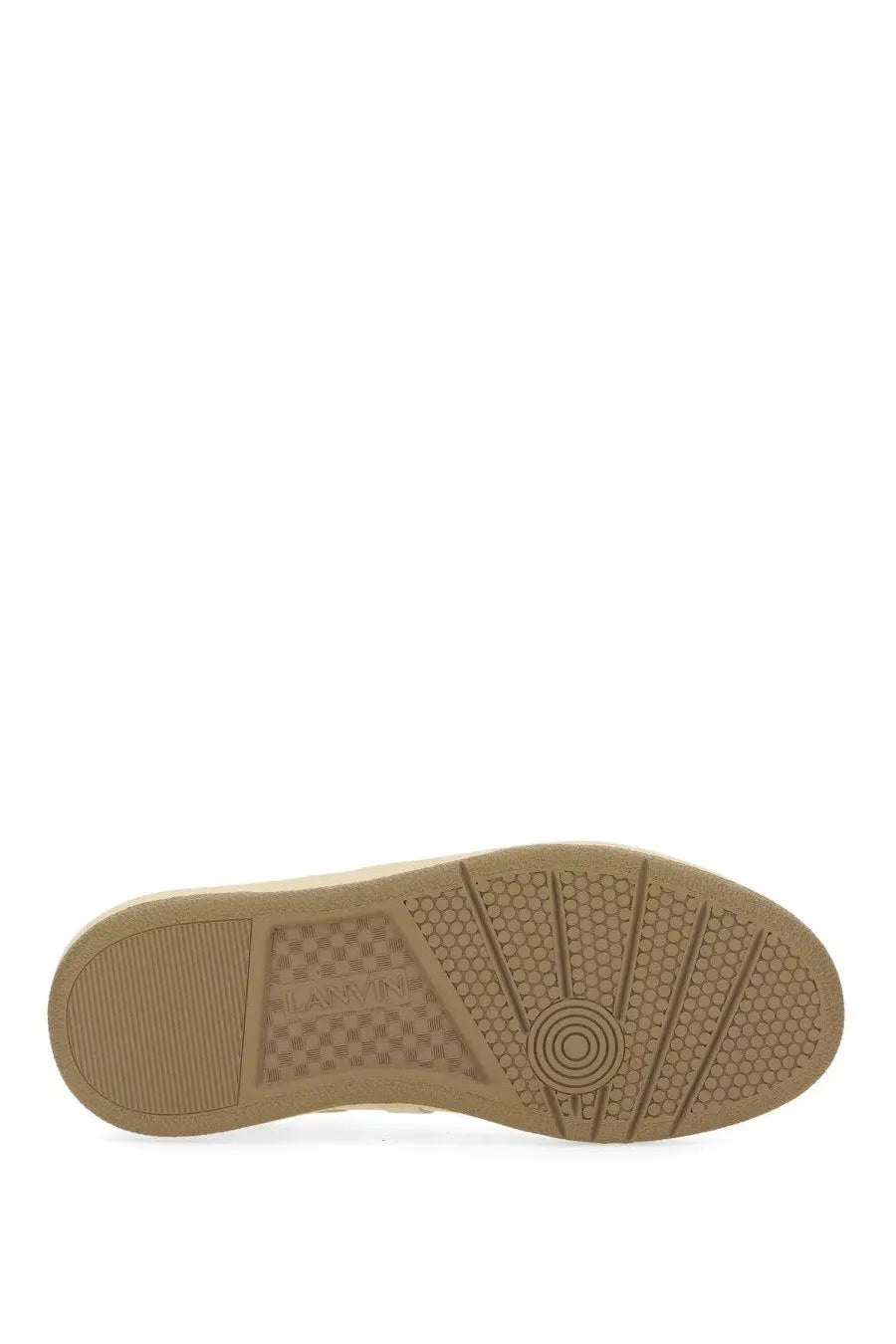 Back side of lanvin women’s sneaker clay white with tan rubber sole textured pattern and lanvin logo embossed on heel