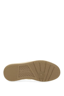 Back side of lanvin women’s sneaker clay white with tan rubber sole textured pattern and lanvin logo embossed on heel