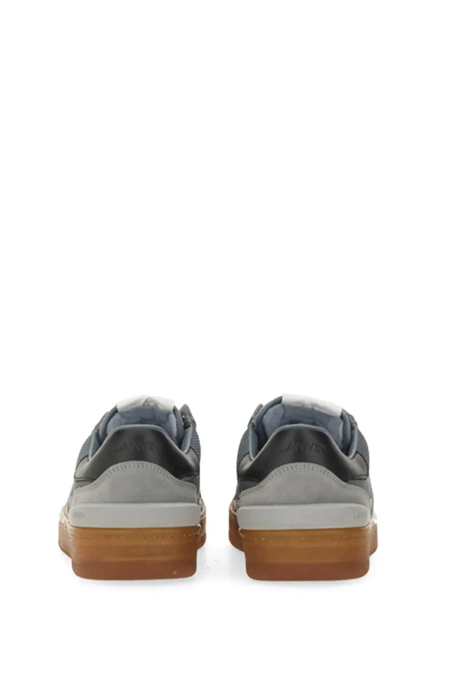 Lanvin women’s grey suede and nappa leather low-top sneakers with black accents and gum-colored rubber sole