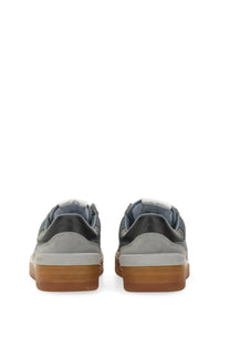 Lanvin women’s grey suede and nappa leather low-top sneakers with black accents and gum-colored rubber sole
