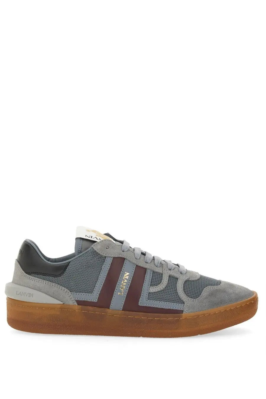 Lanvin women’s gray and maroon suede and mesh sneaker with gum rubber sole and nappa leather accents