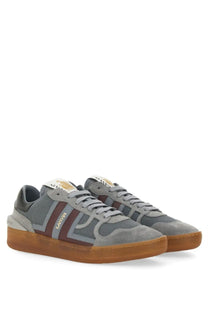 Lanvin women’s gray and maroon suede and mesh sneaker with gum rubber sole and nappa leather details