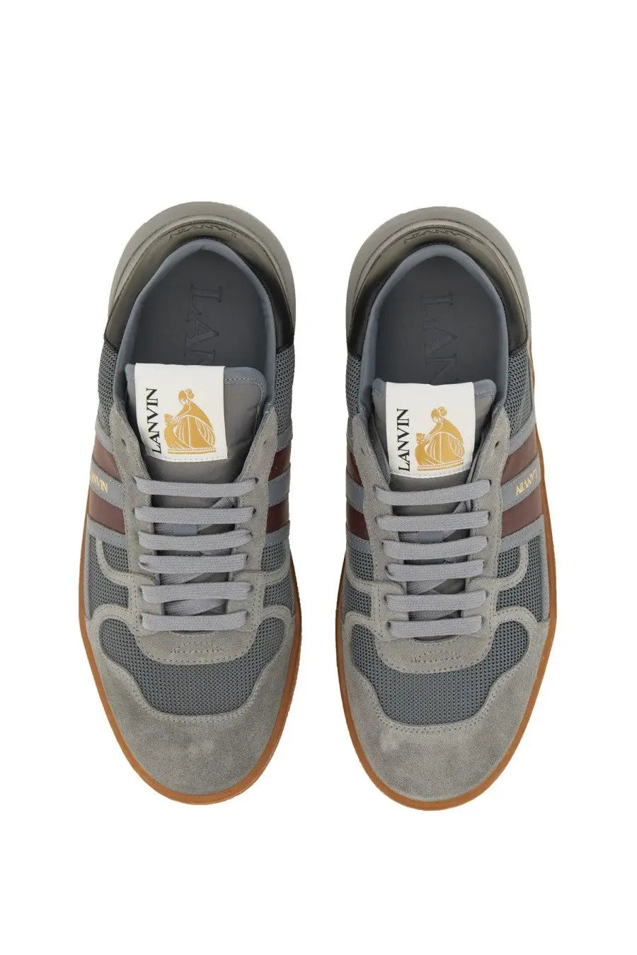 Lanvin women’s grey suede and mesh sneaker with brown stripes and gum rubber soles