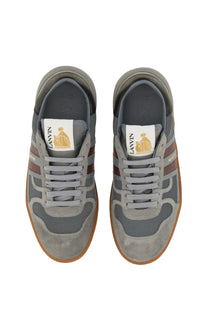 Lanvin women’s grey suede and mesh sneaker with brown stripes and gum rubber soles