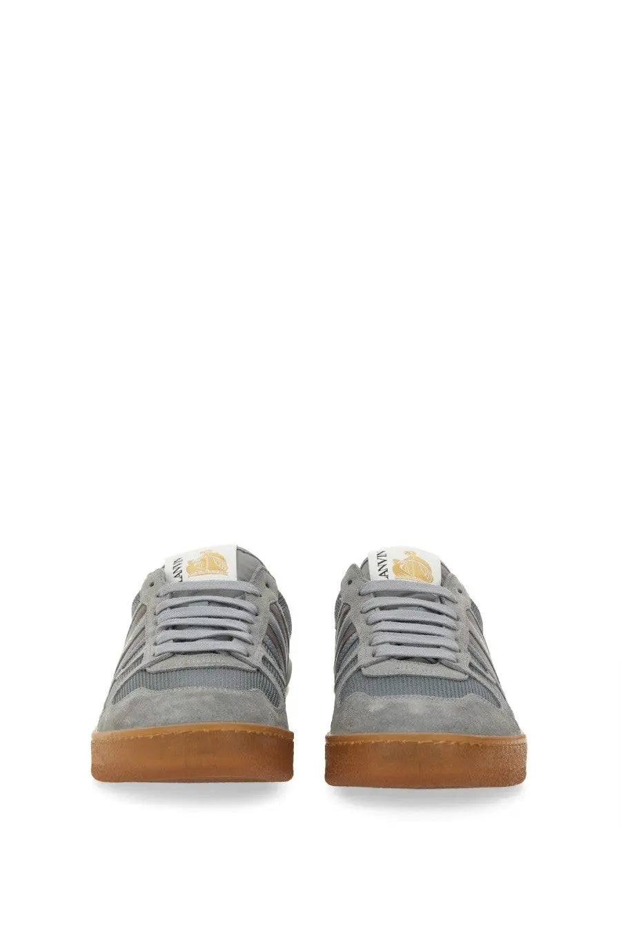 Lanvin women’s gray suede and nappa leather sneakers with mesh and tan rubber sole featuring loewe logo on tongue