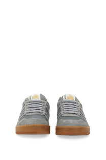 Lanvin women’s gray suede and nappa leather sneakers with mesh and tan rubber sole featuring loewe logo on tongue