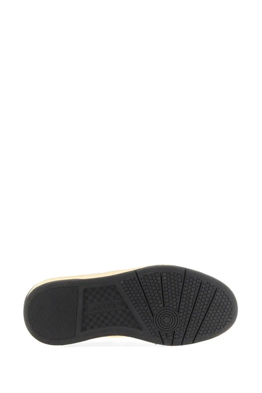 Black rubber sole with textured pattern and beige midsole of lanvin women’s multicolor suede and nappa leather sneaker