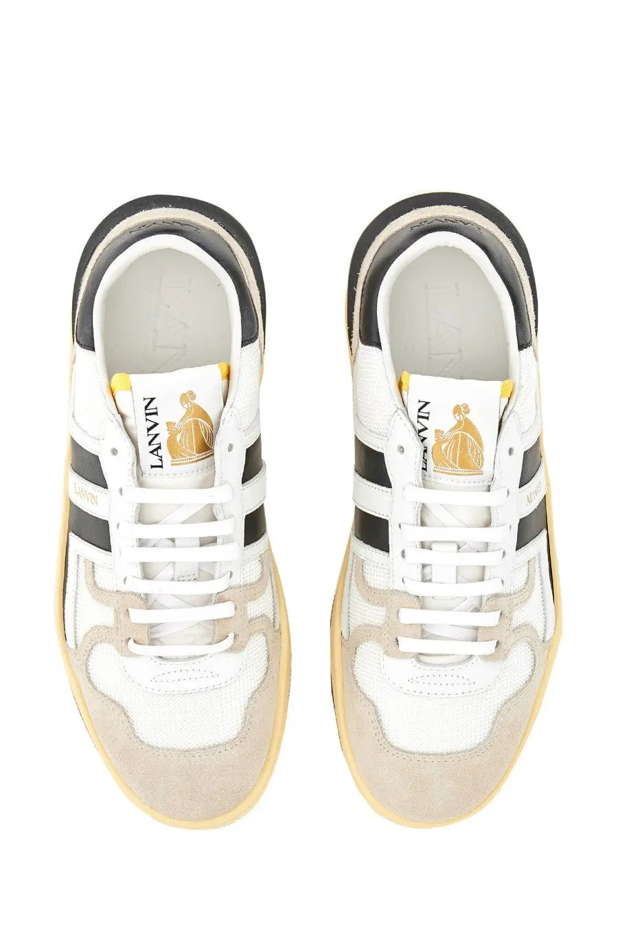 Lanvin women’s suede and nappa leather sneaker in white and beige with black stripes and gold embroidered logo on tongue