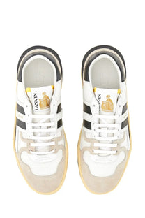 Lanvin women’s suede and nappa leather sneaker in white and beige with black stripes and gold embroidered logo on tongue