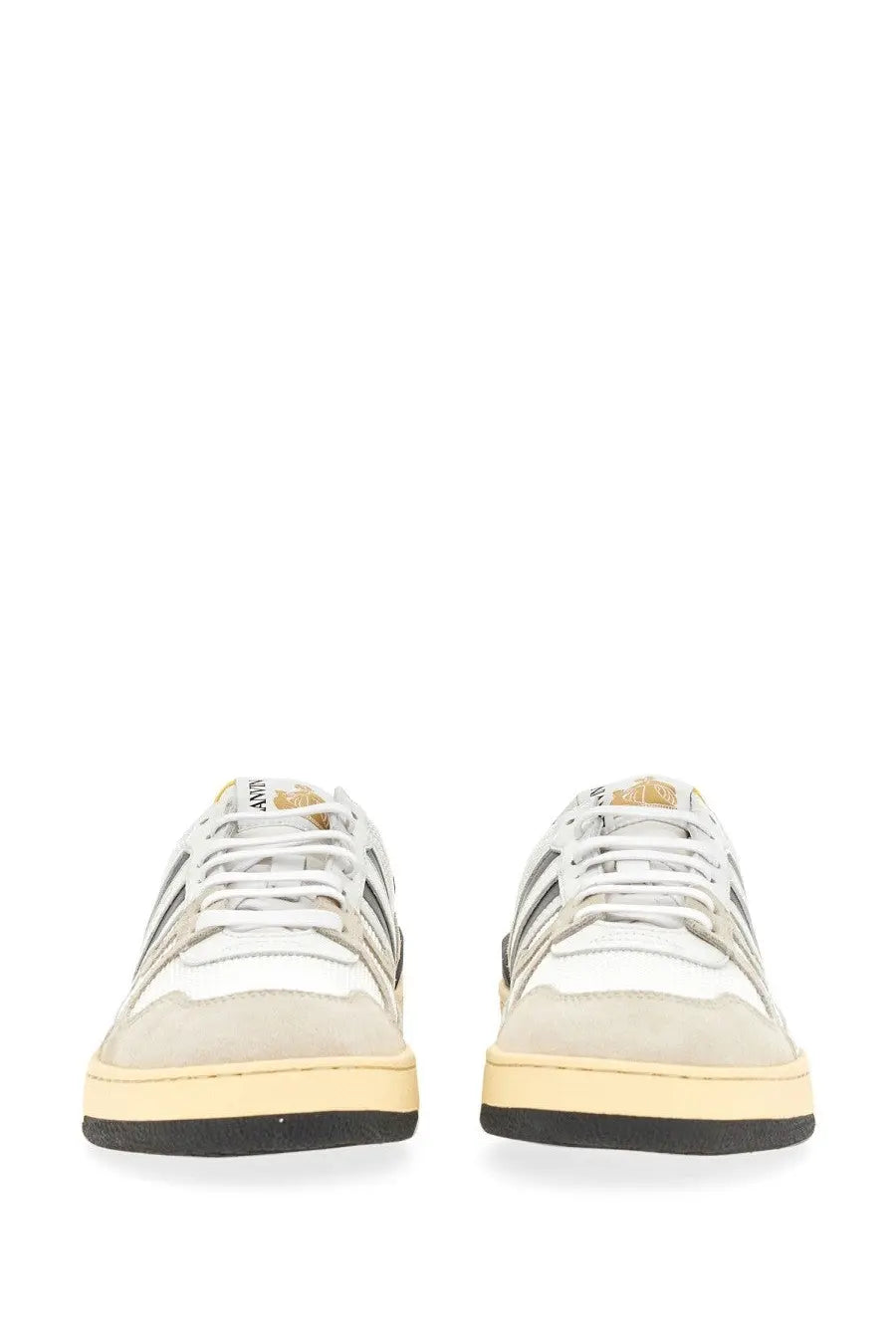 Lanvin women’s low-top sneakers in white and beige with black stripes suede and canvas upper and yellow sole