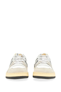 Lanvin women’s low-top sneakers in white and beige with black stripes suede and canvas upper and yellow sole