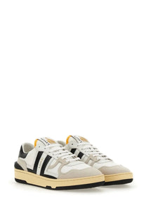 Lanvin women’s suede and nappa leather sneaker in white and black with beige soles and bold striped leather upper
