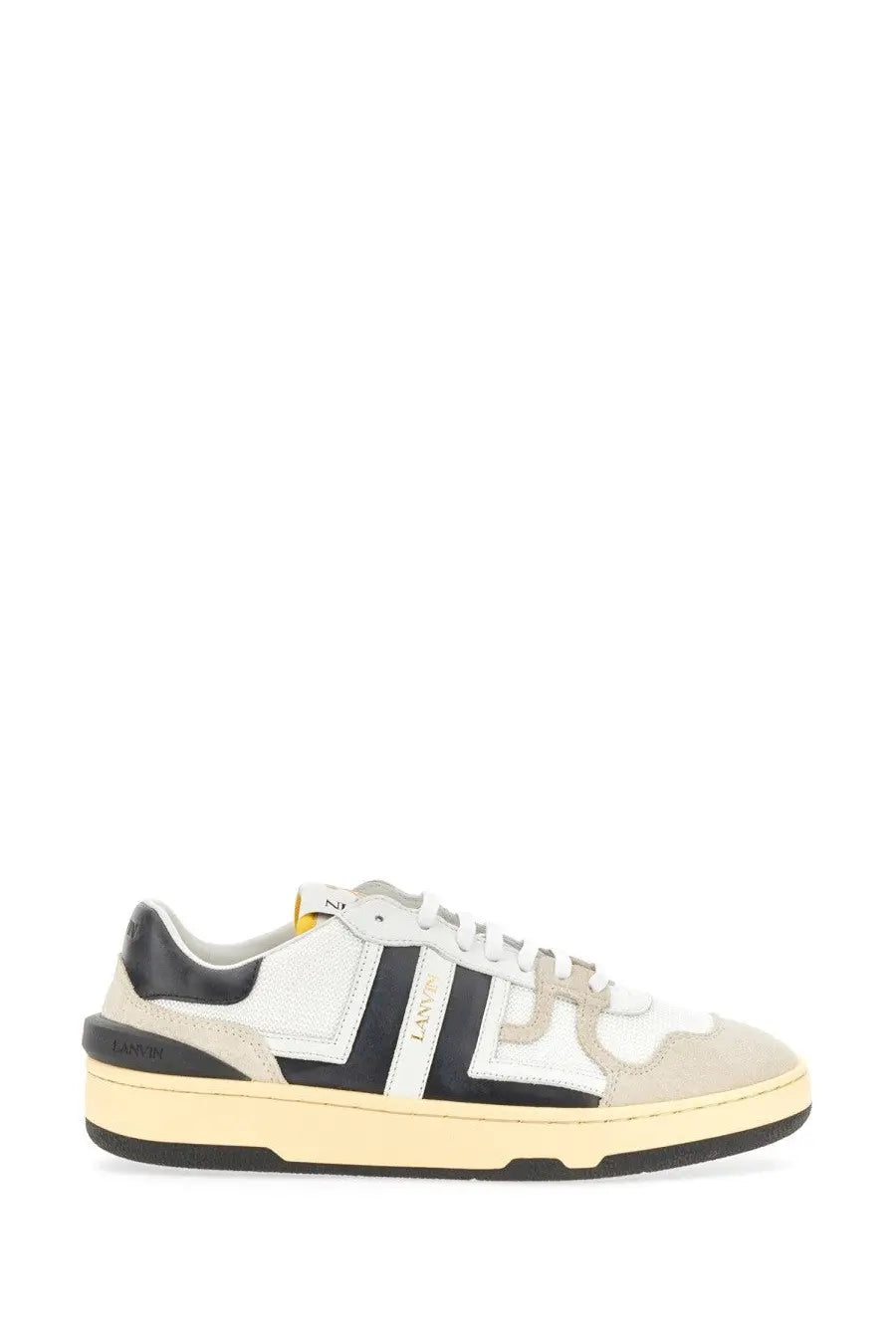Lanvin women’s low-top sneaker in white and black leather with beige suede and nappa leather accents