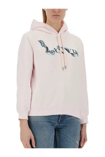 Pink lanvin women’s sweatshirt with a pink hood and stylized blue and black embroidered logo on the chest