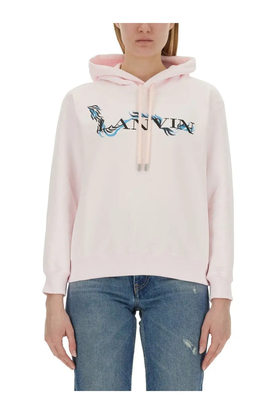 Pink lanvin women’s sweatshirt with blue and black embroidered logo across the chest made of soft fabric