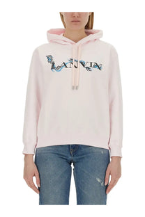 Pink lanvin women’s sweatshirt with blue and black embroidered logo across the chest made of soft fabric