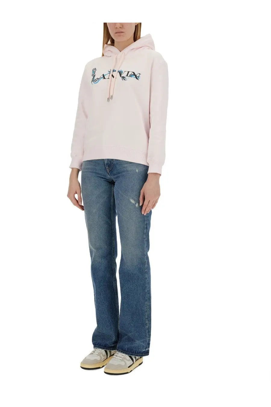 A soft pink lanvin women’s hooded sweatshirt with an embroidered blue and black logo across the chest