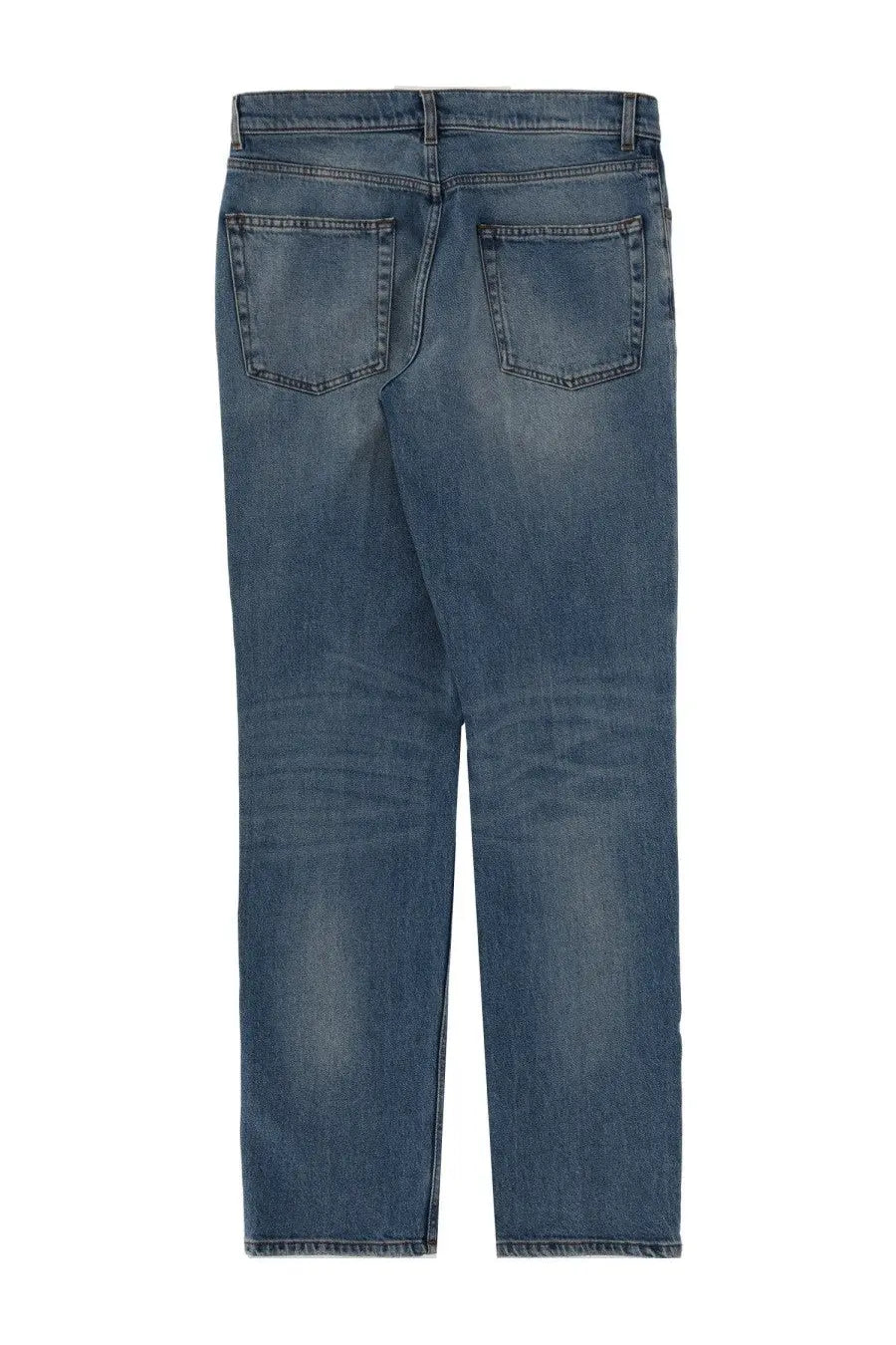 Back side of lardini men’s cotton denim jeans in blue with faded wash and classic back pockets