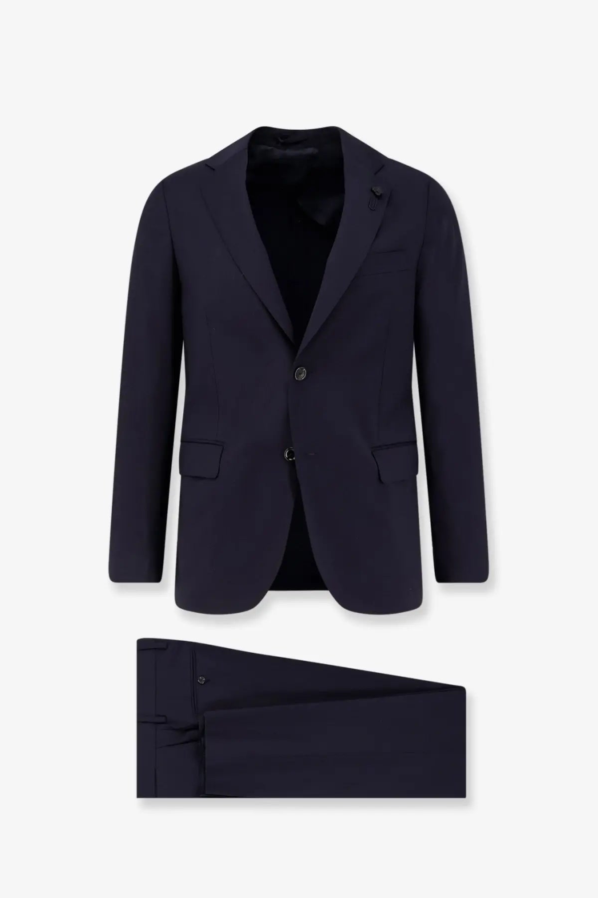 Navy blue tailored lardini men’s iconic single breasted pure virgin wool suit with matching trousers front view
