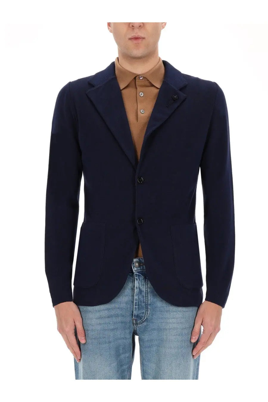 Navy blue lardini men’s knitted blazer with three black buttons and subtle textured fabric perfect for formal wear