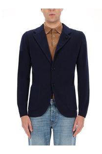 Navy blue lardini men’s knitted blazer with three black buttons and subtle textured fabric perfect for formal wear