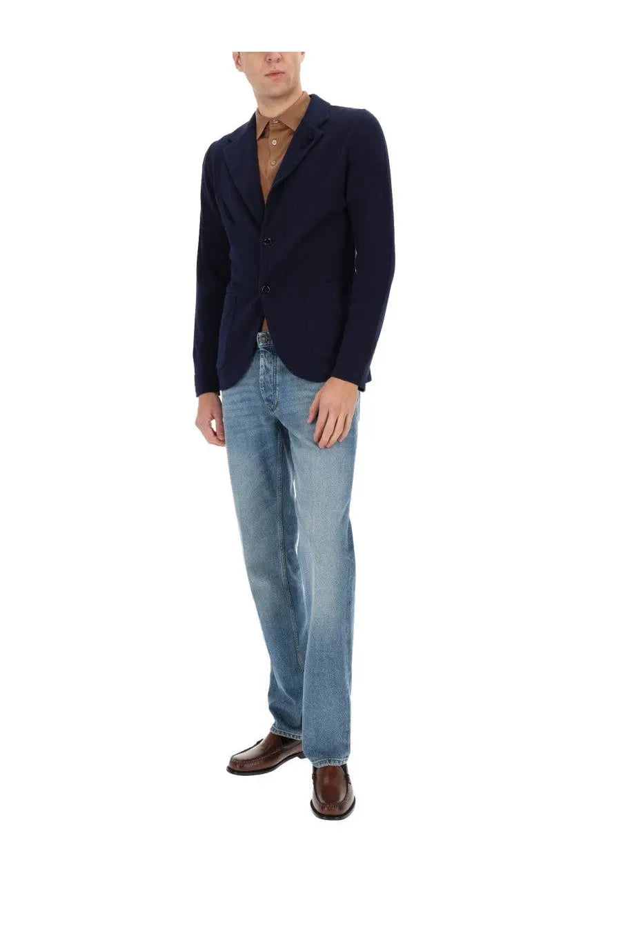 Lardini men’s knitted navy blue blazer with three buttons and notched lapel made from soft fabric