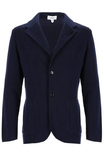 Navy blue lardini men’s knitted jacket with two front buttons and flap pockets perfect for smart casual wear