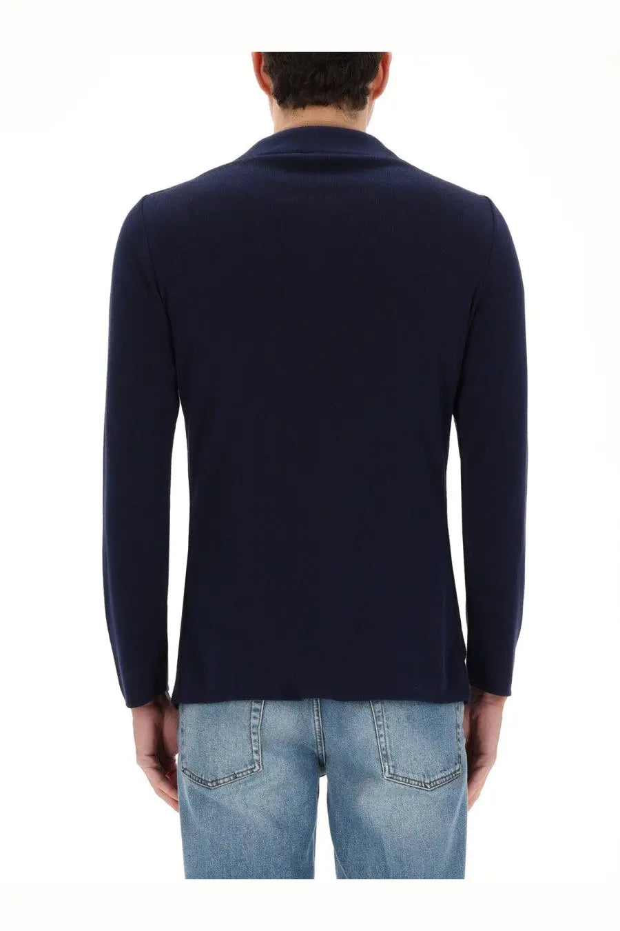 Navy blue long-sleeved knit sweater with classic collar from Lardini men’s knitted jacket collection in blue