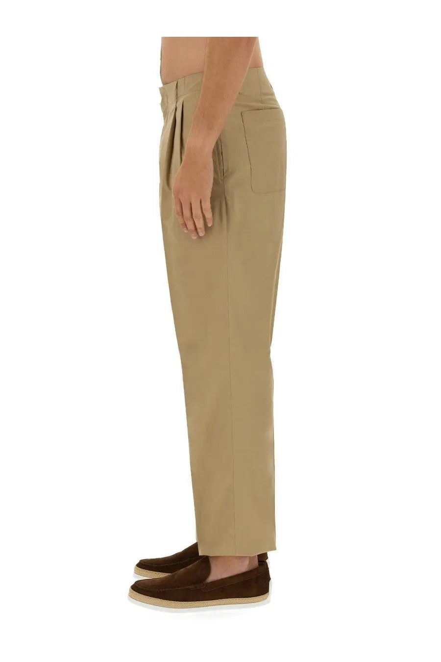 Khaki-colored lardini men’s regular fit pleated trousers with straight leg cut and side pockets in beige