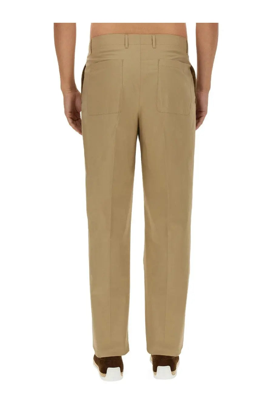 Back view of lardini men’s regular fit beige chino trousers with straight-leg cut and two rear patch pockets