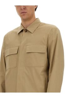 Beige lardini men’s shirt jacket with long sleeves collar two chest pockets and brown buttons