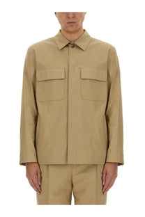 Beige lardini men’s shirt jacket with long sleeves collar and two chest pockets in a lightweight fabric