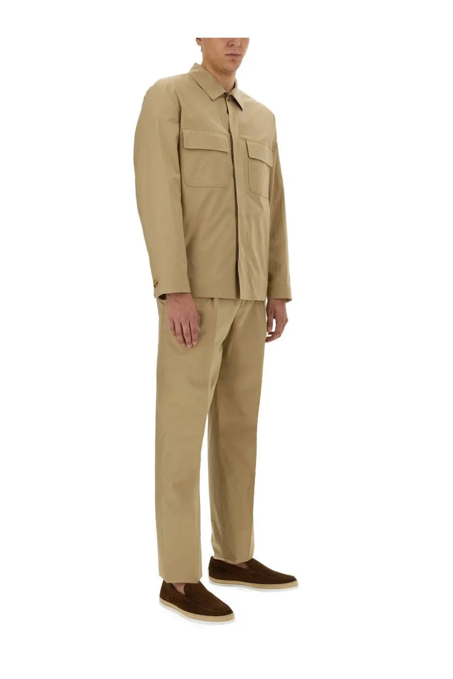 Beige lardini men’s shirt jacket featuring a classic collar and two chest pockets in a utility style