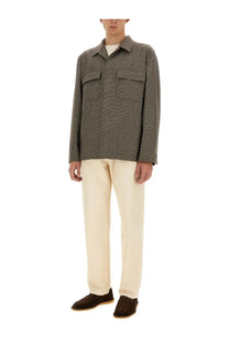 Lardini men’s brown shirt jacket with gray herringbone pattern, two chest pockets, and collar in wool blend