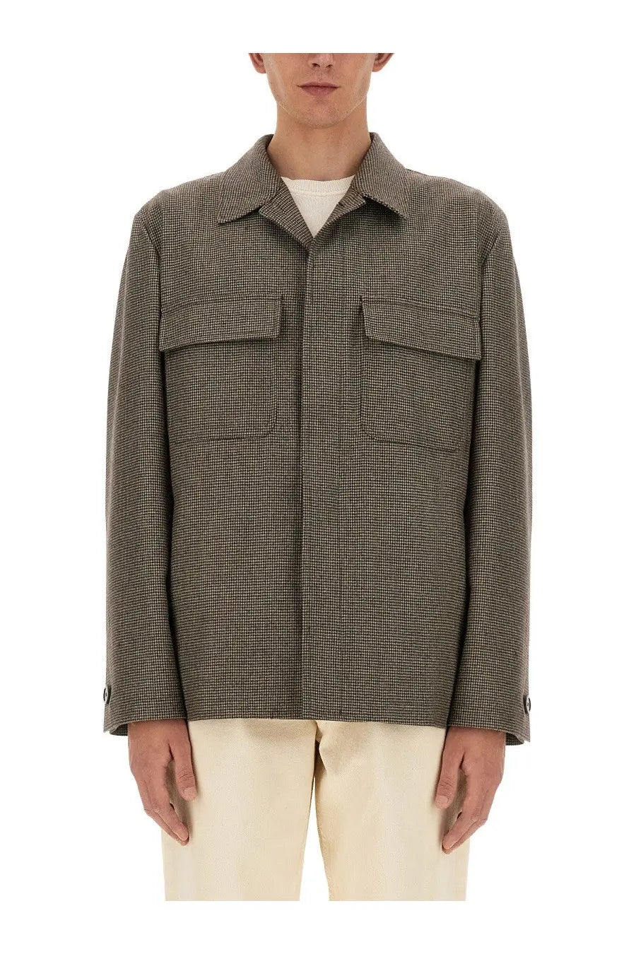 Lardini men’s shirt jacket olive green wool with herringbone pattern two chest pockets and buttoned cuffs
